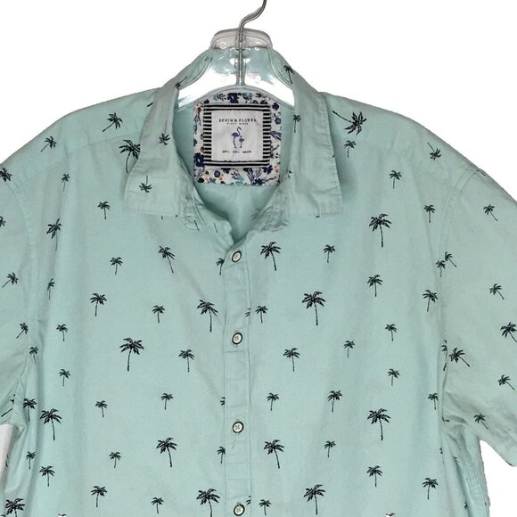 Denim & Flower Mens L Short Sleeve Button Down Shirt Baby Blue Palm Tree Print - Picture 3 of 13